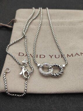 David Yurman 925 Silver Pave Diamond Cable Loop Necklace with Original Pouch